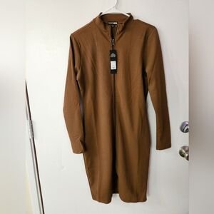 Fashion Nova Brown Zippered Bodycon Dress